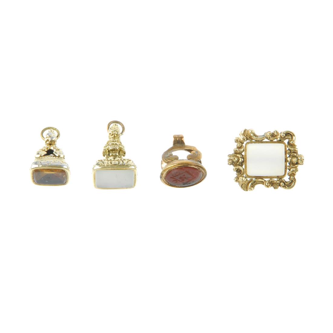 Three late 19th century seals and a chalcedony brooch. (1 of 2)