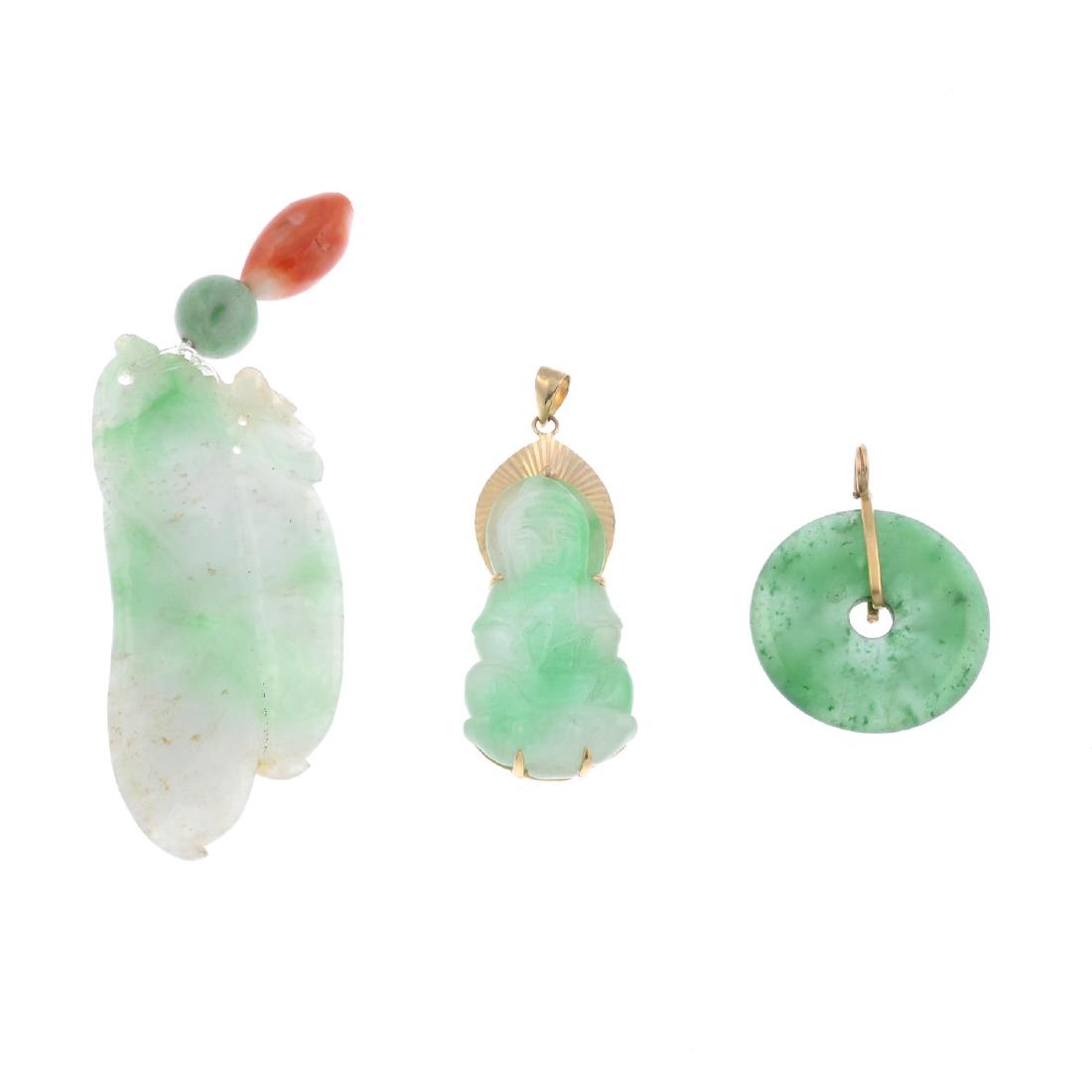 A selection of jade and coral items. To include a (1 of 3)