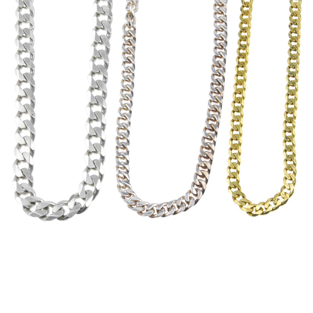 Three silver chain necklaces and two silver chain: Three silver chain necklaces and two silver chain bracelets. All of flat curb-link design, with lobster-claw clasps. Hallmarks to all. Lengths 20 to 50cms. Weight 262gms.