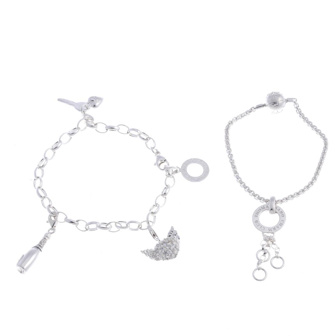 THOMAS SABO - two charm bracelets with charms and a: THOMAS SABO - two charm bracelets with charms and a pendant. The first designed as a belcher-link bracelet suspending a circular Thomas Sabo panel, to the lobster-claw clasp, the second of box-link ch