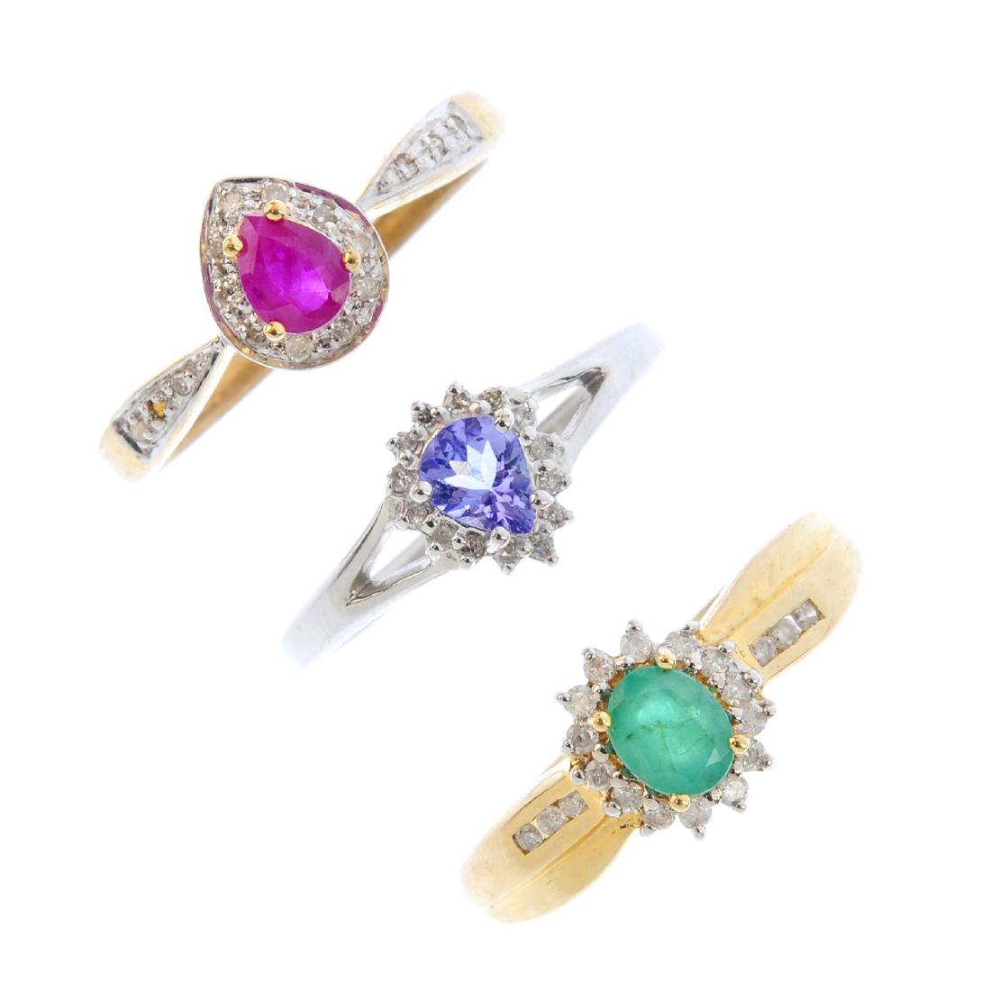 Three 9ct gold diamond and gem-set rings. To include a (1 of 3)
