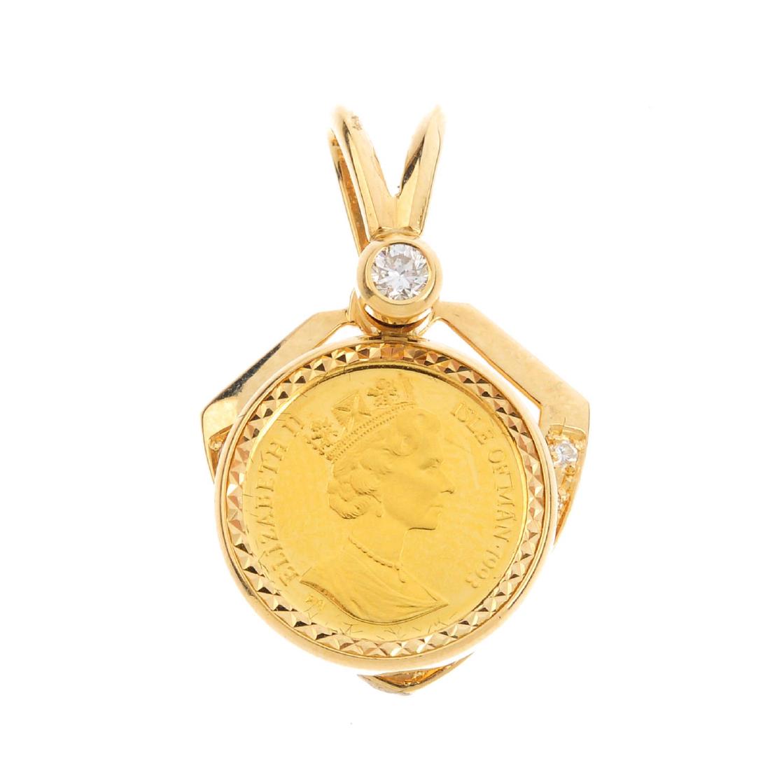 A diamond and coin pendant. The Isle of Man coin, dated (1 of 3)