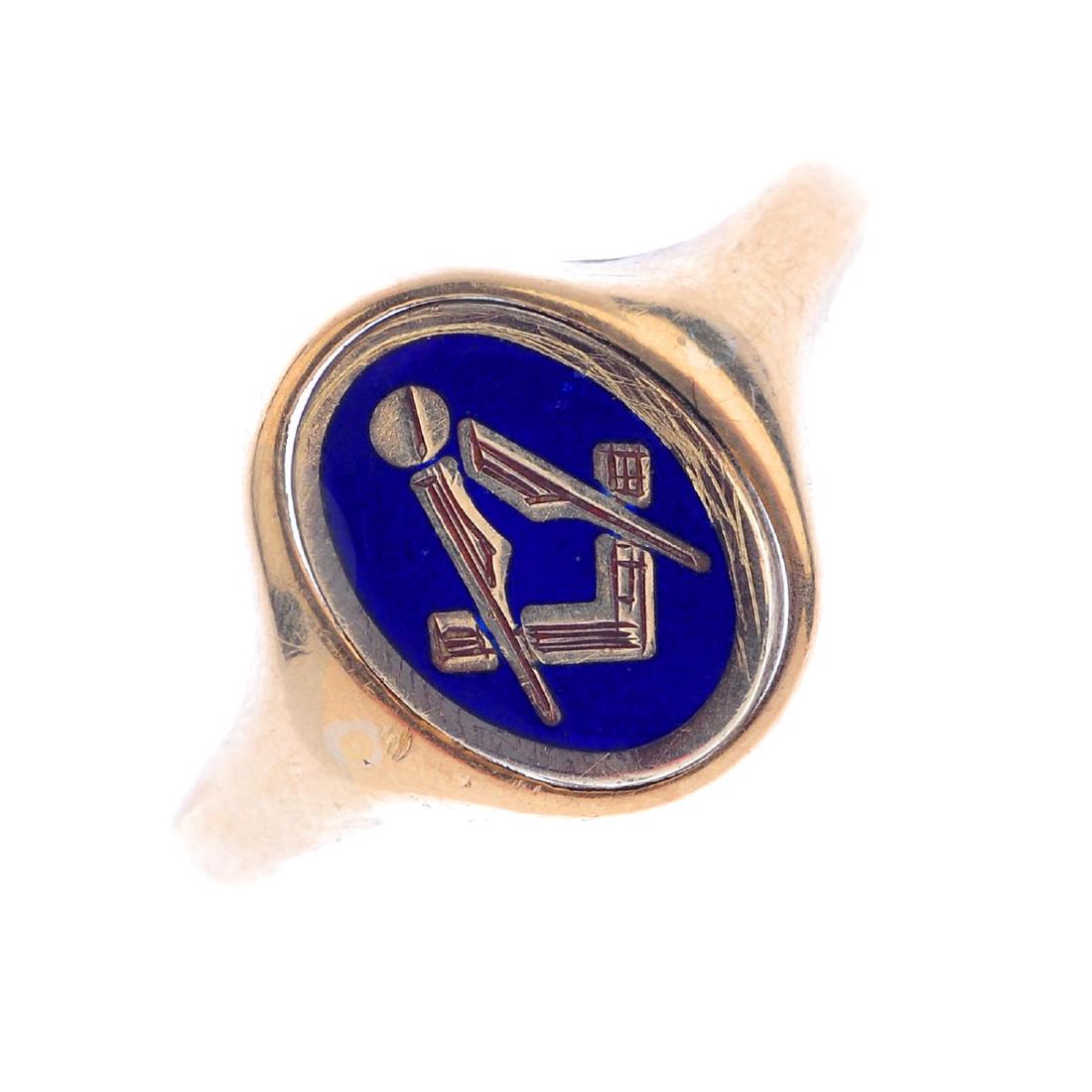A 9ct gold and enamel Masonic swivel ring. Designed as (1 of 3)