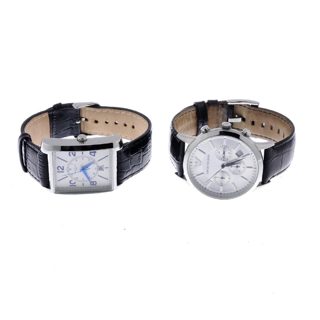 A group of six assorted watches, to include examples by: A group of six assorted watches, to include examples by Emporio Armani, Boss and DKNY. Boxes. All recommended for spare or repair purposes only.