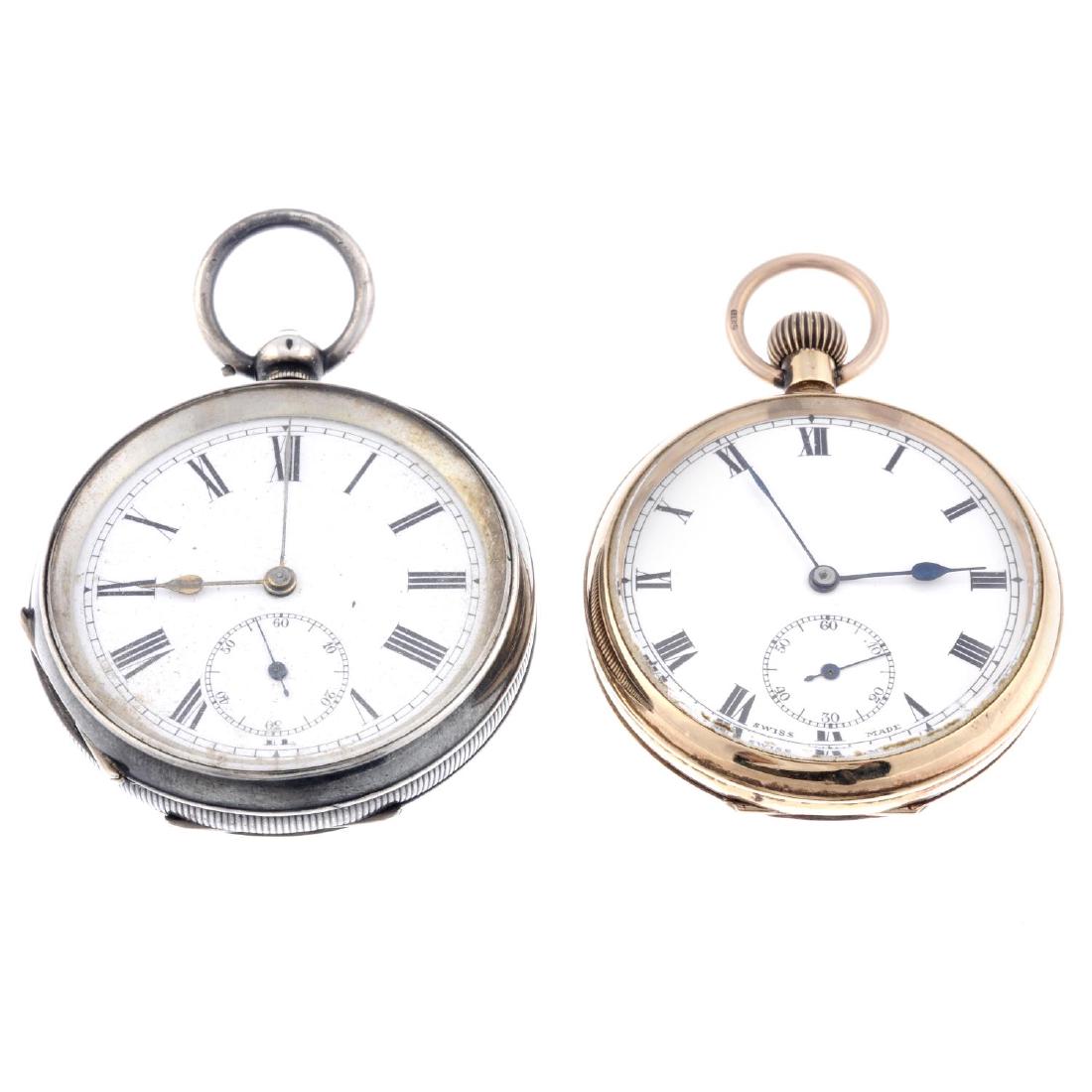 An open face pocket watch. 9ct yellow gold case,: An open face pocket watch. 9ct yellow gold case, hallmarked London 1927. Unsigned keyless wind three quarter plate movement with ratchet tooth lever escapement. White dial. 49mm. 74gms. Together with
