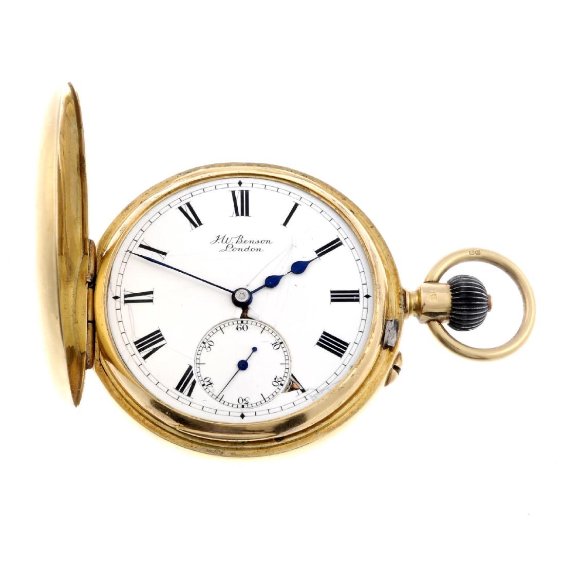 A half hunter pocket watch by J.W Benson. 18ct yellow: A half hunter pocket watch by J.W Benson. 18ct yellow gold case, hallmarked London 1903. Numbered 6133. Signed keyless wind three quarter plate movement with ratchet tooth lever escapement. White dial