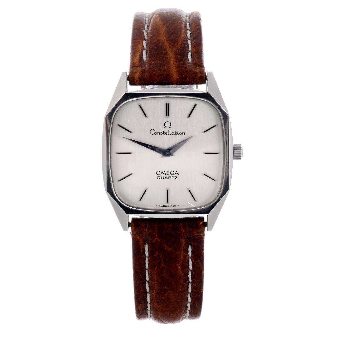 OMEGA - a gentleman's Constellation wrist watch.: OMEGA - a gentleman's Constellation wrist watch. Stainless steel case. Signed quartz calibre 1330. Silvered dial with baton hour markers. Fitted to an unsigned brown leather strap with signed stainles