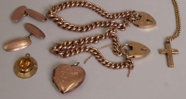 Two 9ct rose gold graduated hollow curb link brac: Two 9ct rose gold graduated hollow curb link bracelets with padlocks, 9ct gold citrine pendant, a pair of 9ct rose gold oval chain connecting cufflinks, a 9ct trace link chain, back and front locket a