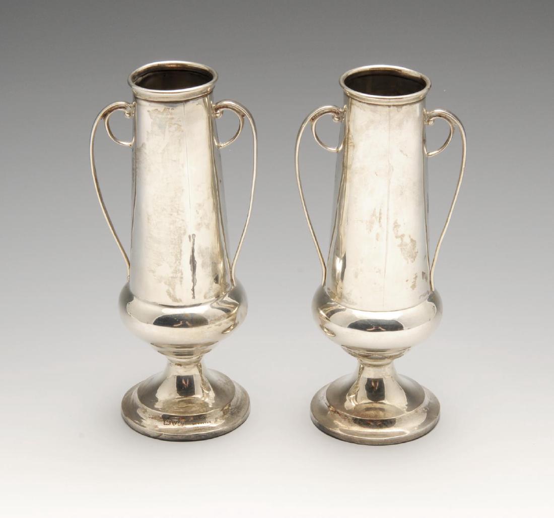 A pair of small Edwardian silver twin-handled vases, (1 of 3)