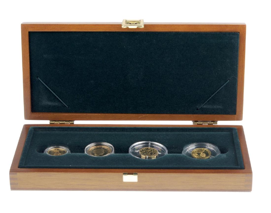 United Kingdom, Royal Mint, Allied Forces, End of World: United Kingdom, Royal Mint, Allied Forces, End of World War Two, 60th Anniversary 2005, proof gold set comprising USA ¼-Oz fine gold 10-Dollars 2005, United Kingdom, gold 2-Pounds 2005, France, gold