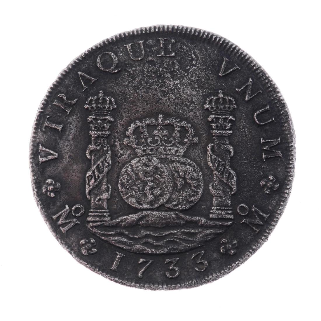 Mexico, Philip V, 8-Reales 1733MF, Mexico City, 24.9g: Mexico, Philip V, 8-Reales 1733MF, Mexico City, 24.9g (KM 103). About very fine, waterworn, rare.This coin is believed to have been excavated from the wreck of the Dutch East Indiaman Rooswijk, which 