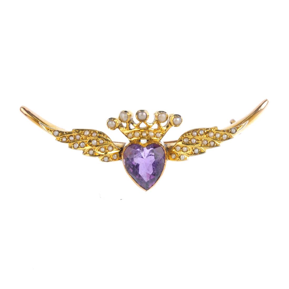 An Edwardian gold amethyst and split pearl brooch. The (1 of 2)