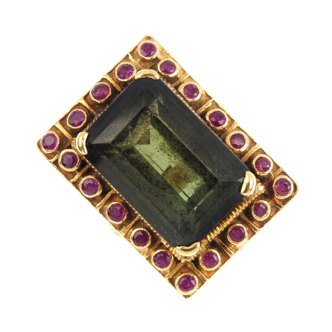 A tourmaline and ruby dress ring. The rectangular-shape (1 of 3)