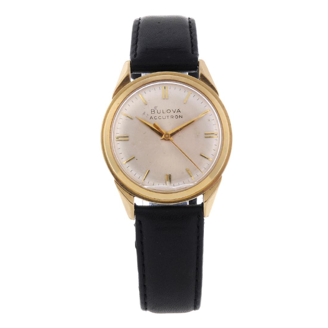 BULOVA - a gentleman's Accutron wrist watch. 18ct: BULOVA - a gentleman's Accutron wrist watch. 18ct yellow gold case, import hallmarked London 1961 . Numbered M1 D78703. Signed electronic calibre 214. Silvered dial with baton hour markers. Fitted to
