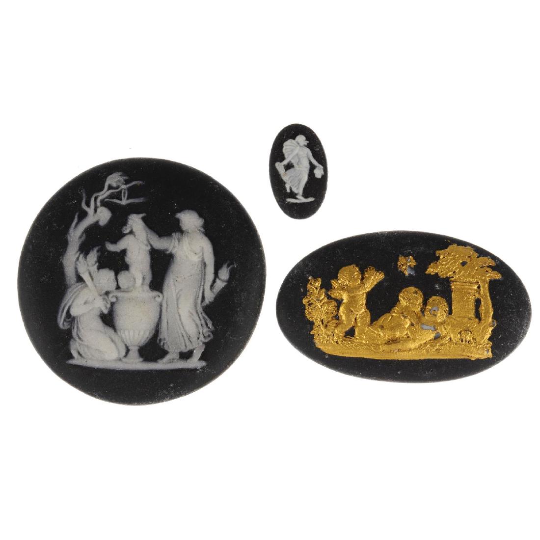 WEDGWOOD - eleven loose panels. To include a blue: WEDGWOOD - eleven loose panels. To include a blue jasperware panel of oval-outline, depicting a lady holding a child over an urn, a figure kneeling and holding flaming torches, another, also oval-shap