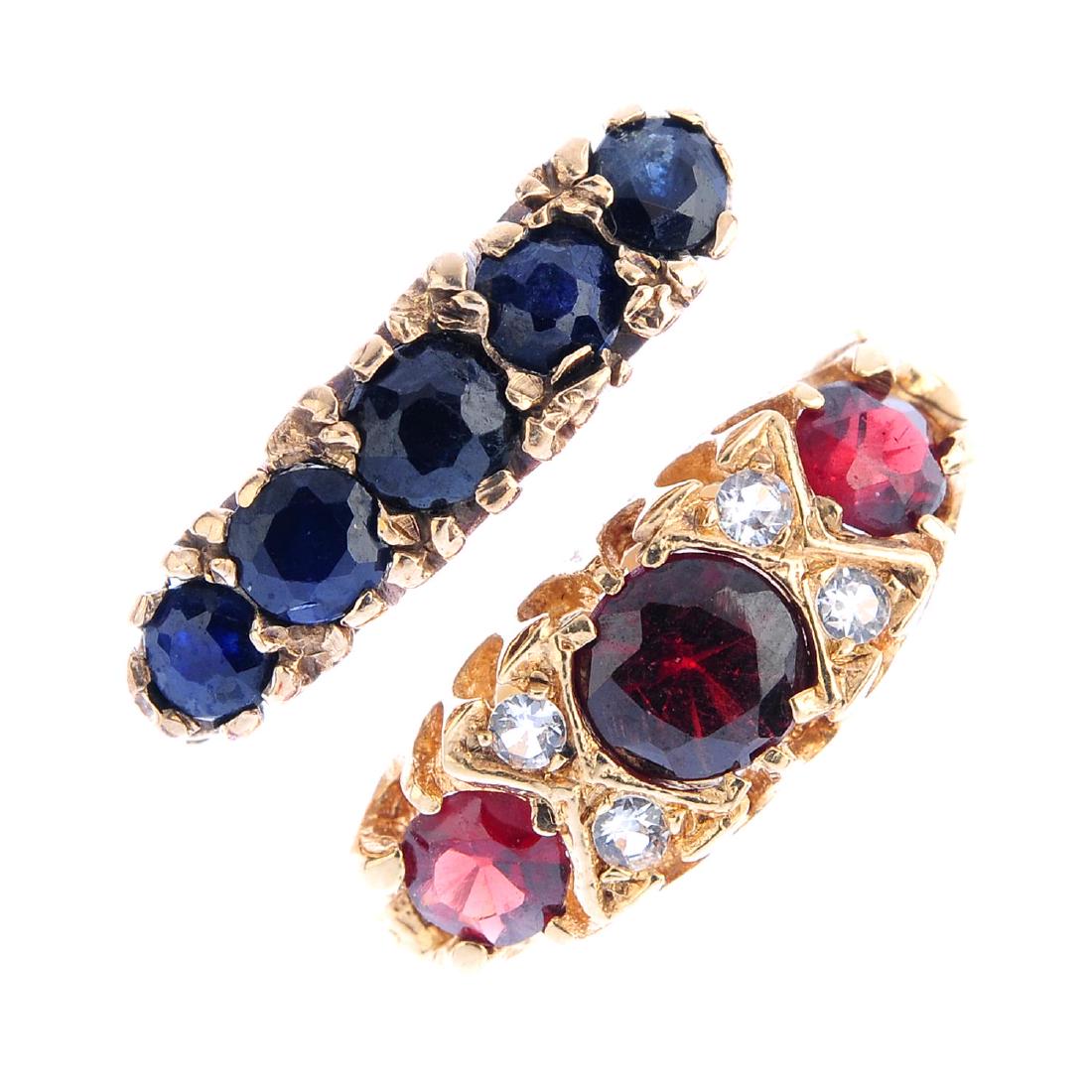 Six 9ct gold gem-set rings. To include a sapphire (1 of 4)