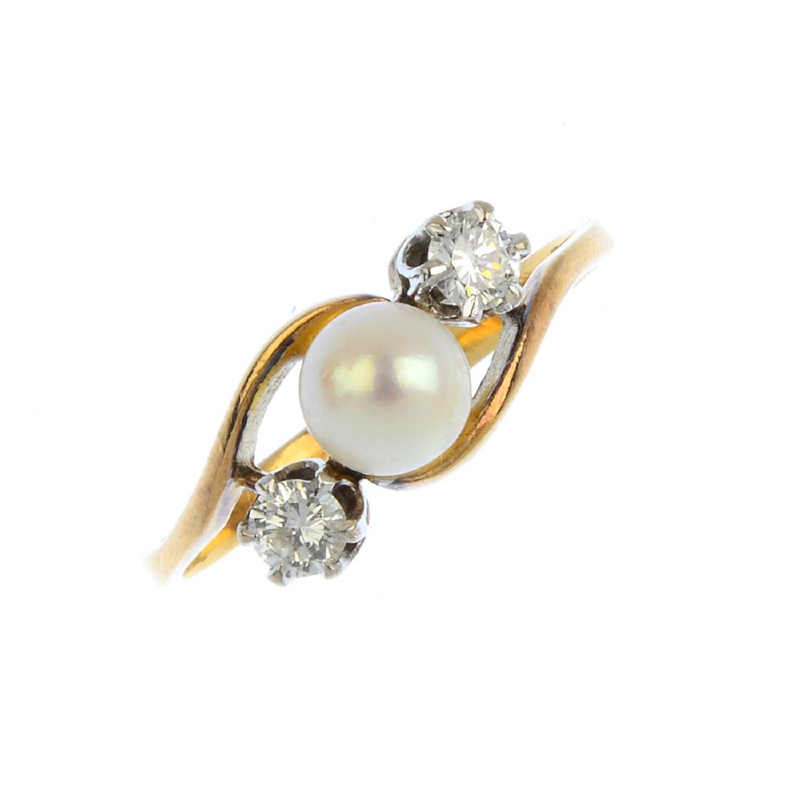 A cultured pearl and diamond ring. The cultured pearl, (1 of 4)
