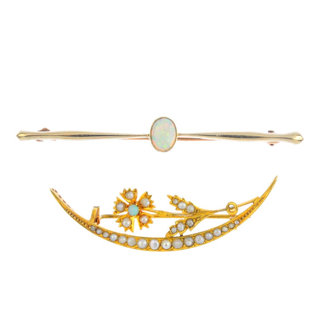 Two early 20th century gold gem-set brooches. To (1 of 2)