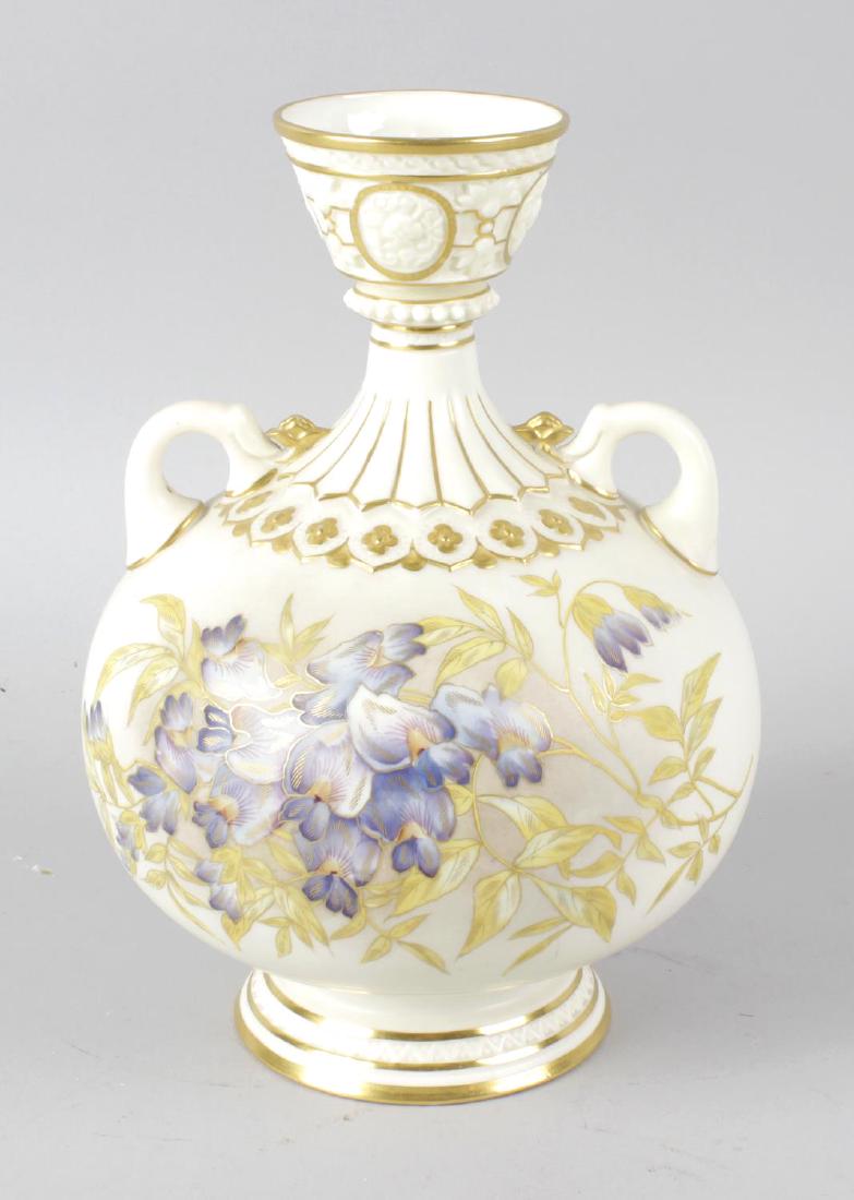 A Royal Worcester bone china twin handled globular: A Royal Worcester bone china twin handled globular shaped vase, the ivory coloured ground hand painted with floral sprays, shape no. 1109, 8.75 (22cm) high.