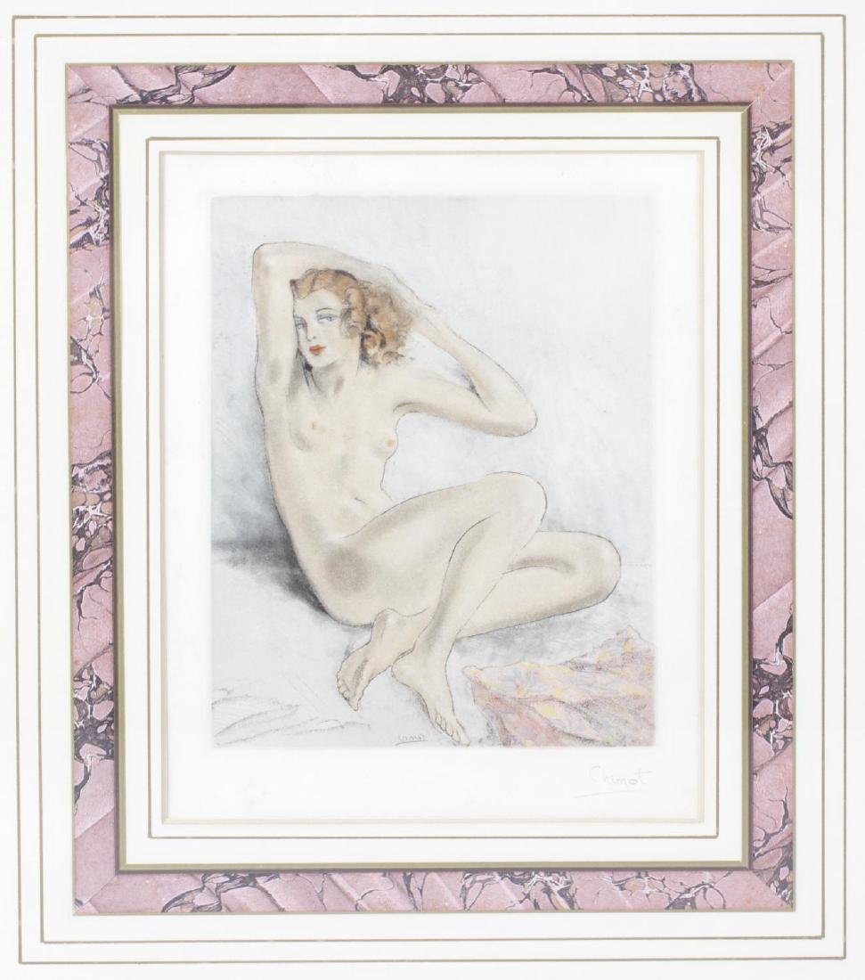 Edouard Chimot (1880-1959), coloured engraving of: Edouard Chimot (1880-1959), coloured engraving of female nude, signed in pencil lower right, 6.75 x 5 (7cm x 13cm), in card slip, framed and glazed.
