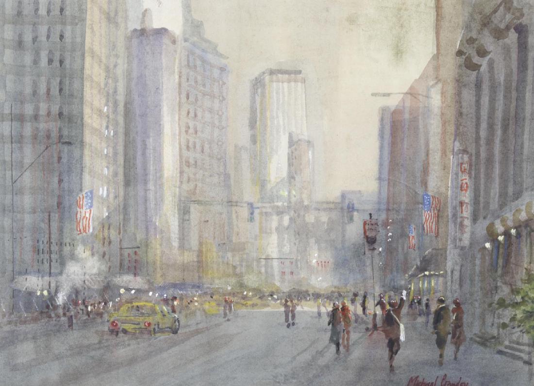 Michael Crawley (modern), a framed and glazed: Michael Crawley (modern), a framed and glazed watercolour, Broadway New York, titled verso 'Misty Morning Broadway New York', signed, 11 x 15 (28cm x 38cm).