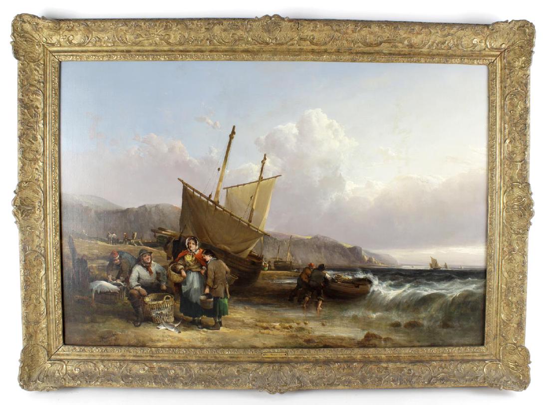 Attributed to William Shayer, Senior, (1787-1879), A: Attributed to William Shayer, Senior, (1787-1879), A shore scene with fisherfolk, oil on canvas, 23.5 x 35.5, (60cm x 90cm), in named gilt frame.