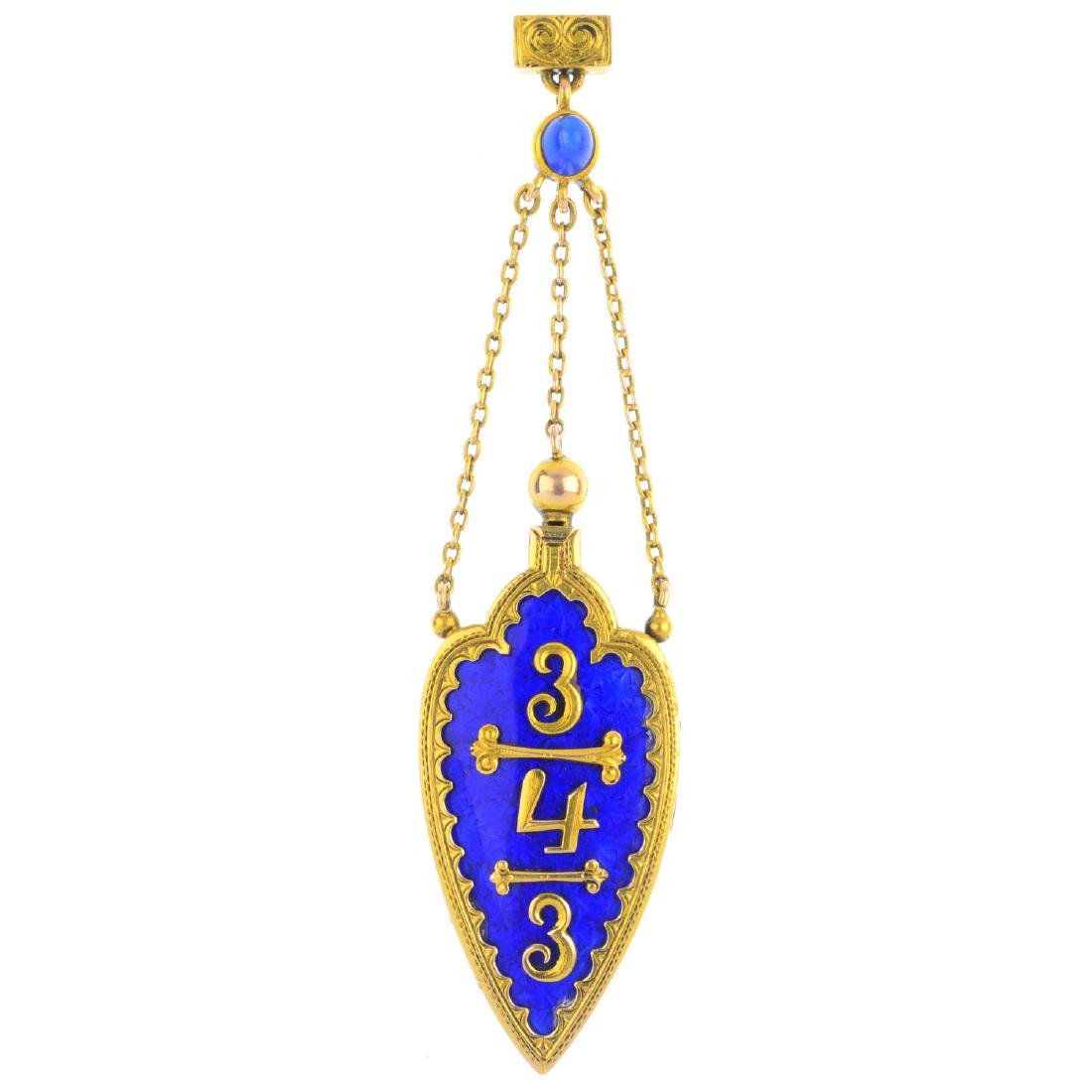 An early 20th century gold enamel pendant. Designed as (1 of 2)