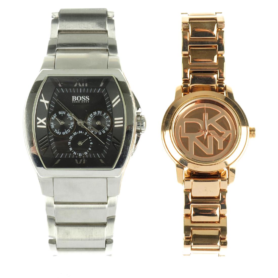 A bag of assorted watches, to include examples by Boss: A bag of assorted watches, to include examples by Boss and DKNY. All recommended for spares or repair purposes only. Approximately 60.