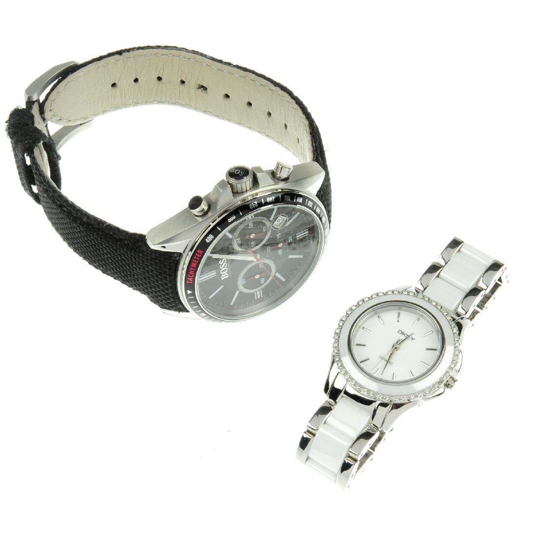 A bag of assorted watches, to include examples by Boss: A bag of assorted watches, to include examples by Boss and DKNY. All recommended for spares or repair purposes only. Approximately 60.