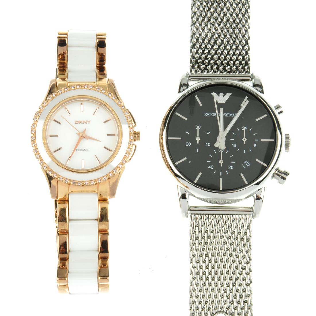 A bag of assorted watches, to include examples by: A bag of assorted watches, to include examples by Emporio Armani and DKNY. All recommended for spares or repair purposes only. Approximately 60