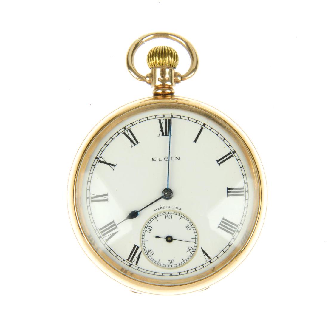 An open face pocket watch by Elgin. 9ct yellow gold: An open face pocket watch by Elgin. 9ct yellow gold case, hallmarked Birmingham 1930. Signed keyless wind three quarter plate movement with ratchet tooth level escapement. White dial. 49mm. 82gms.
