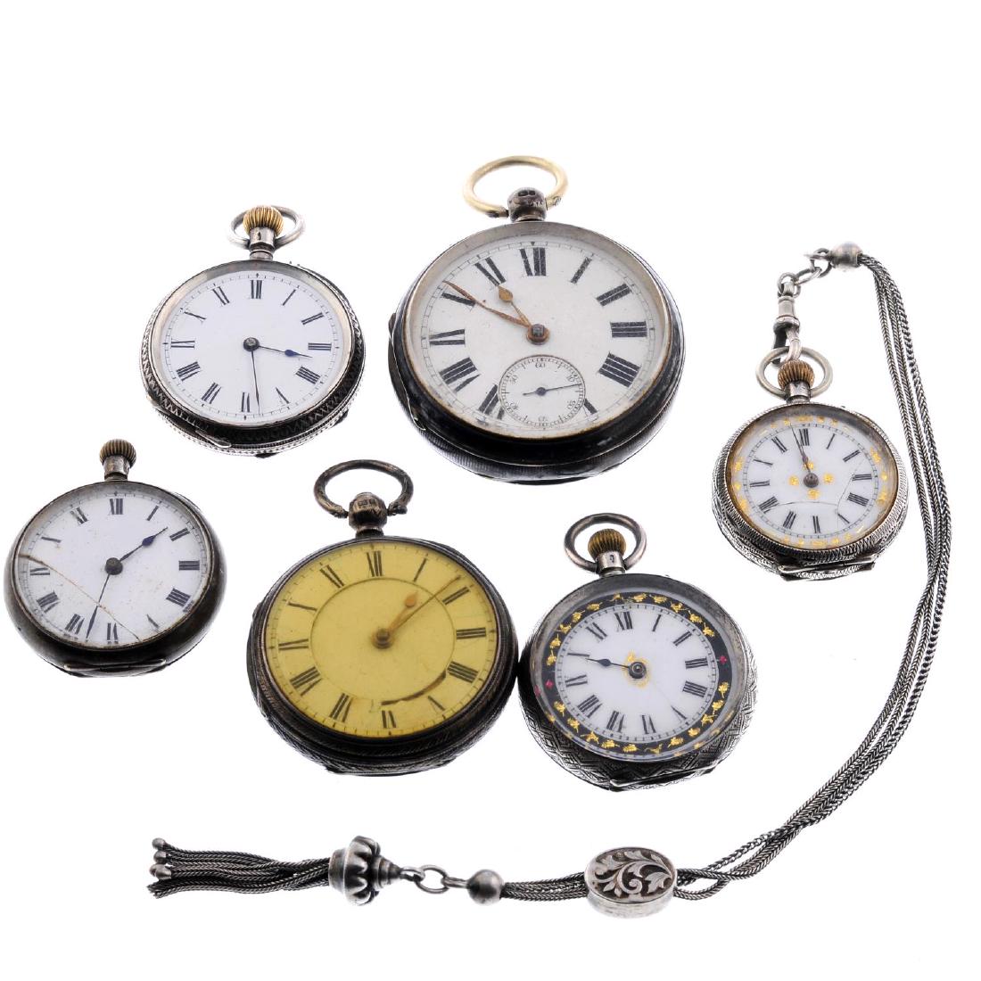 A group of six assorted silver pocket watches and fob (1 of 2)