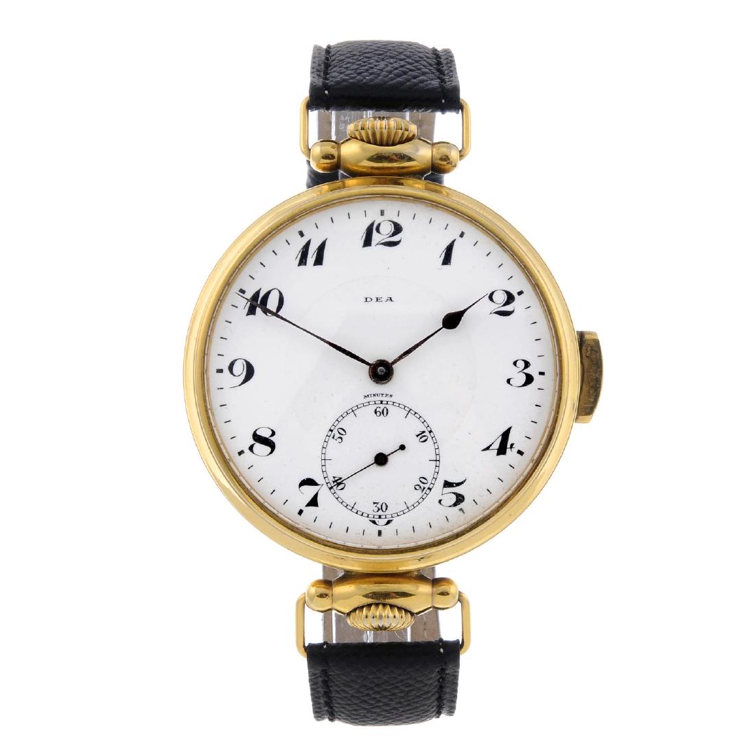 DEA - a repeater pocket watch converted to a wrist: DEA - a repeater pocket watch converted to a wrist watch. Gold plated case with exhibition case back. Signed keyless wind movement with ratchet tooth lever escapement. White dial with Arabic numeral h