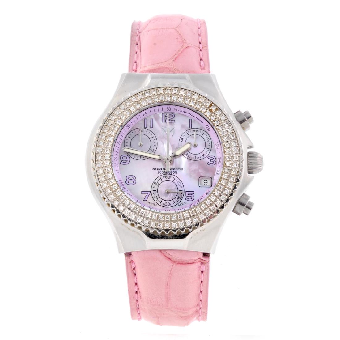 TECHNOMARINE - a lady's TechnoDiamond chronograph wrist: TECHNOMARINE - a lady's TechnoDiamond chronograph wrist watch. Stainless steel case with factory diamond set bezel. Numbered SW.05678. Unsigned quartz movement with quick date set. Mother-of-pearl dia