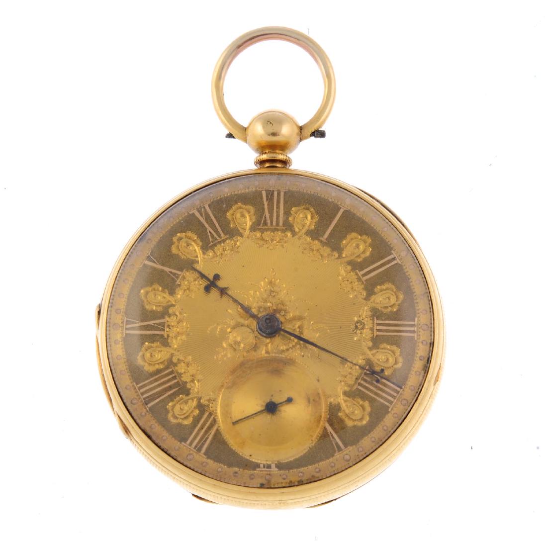 An open face pocket watch. 18ct yellow gold case,: An open face pocket watch. 18ct yellow gold case, hallmarked London 1865. Unsigned key wind full plate movement with ratchet tooth lever escapement. Gilt dial with Roman numeral hour markers, subsidia
