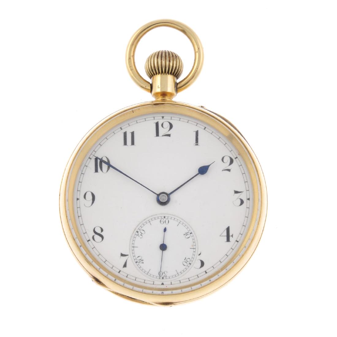 An open face pocket watch. 18ct yellow gold case,: An open face pocket watch. 18ct yellow gold case, hallmarked Birmingham 1905. Keyless wind three quarter plate movement with ratchet tooth lever escapement, signed Rotherhams. White dial with Arabic n