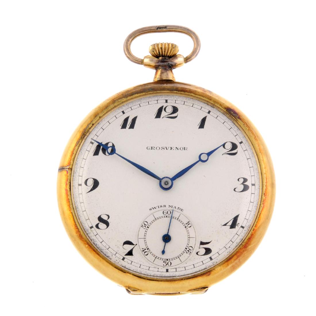 An open face pocket watch by Grosvenor. 9ct yellow gold: An open face pocket watch by Grosvenor. 9ct yellow gold case, hallmarked Glasgow 1930. Unsigned keyless wind movement with ratchet tooth level escapement. Silvered dial with Arabic numeral hour marker