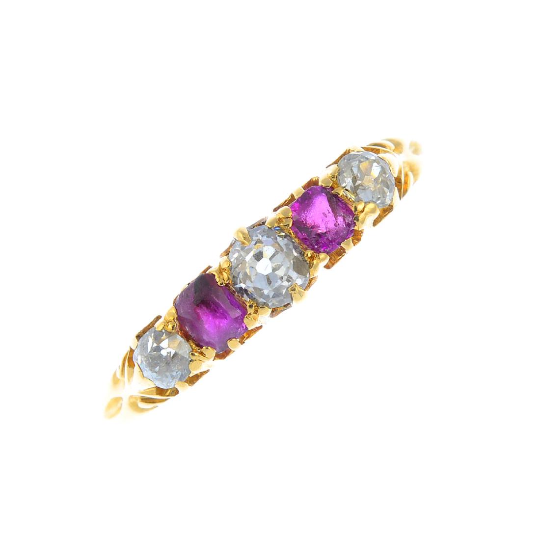 A diamond and ruby five-stone ring. The alternating (1 of 3)