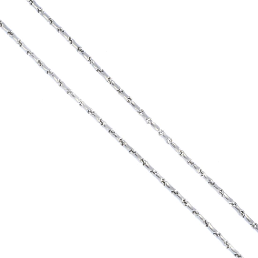 CHIMENTO - a necklace. Designed as a series of grooved: CHIMENTO - a necklace. Designed as a series of grooved links, to the lobster clasp. Signed Chimento. Italian marks. Length 45.5cms. Weight 11.9gms.