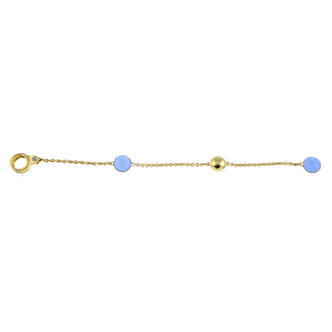 CHIMENTO - an 18ct gold dyed chalcedony 'Sigilli': CHIMENTO - an 18ct gold dyed chalcedony 'Sigilli' bracelet. The trace-link chain, with gold bead and dyed mauve chalcedony spacers, to the similarly-set diamond and dyed chalcedony spring clip clasp.