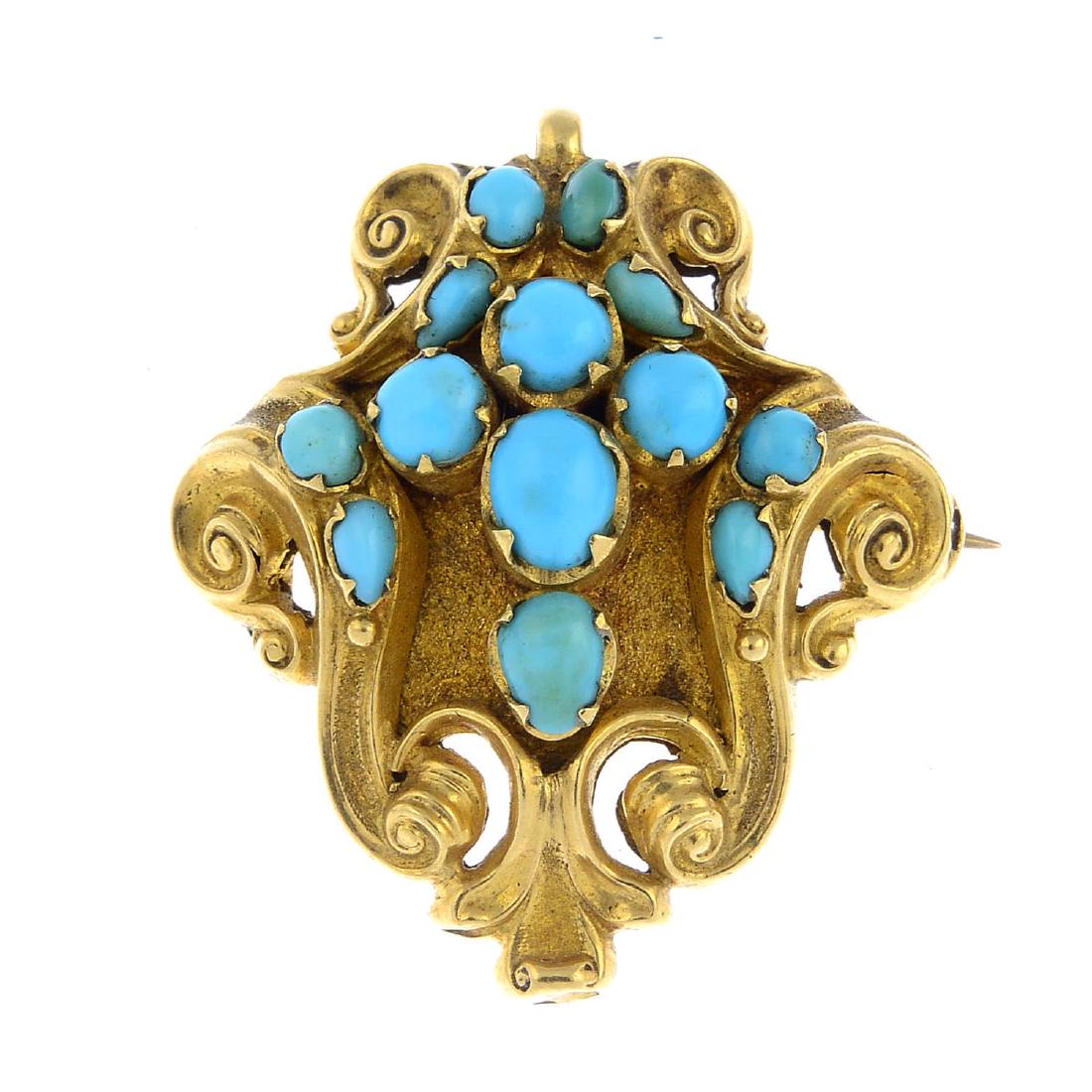 A mid Victorian gold turquoise brooch. The vari-shape (1 of 2)