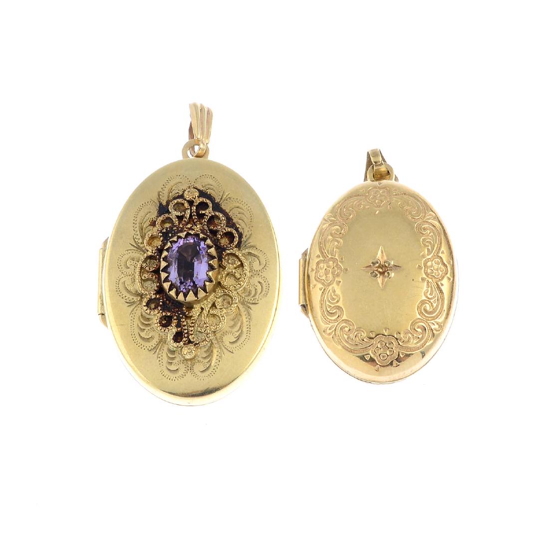 Two early 20th century 9ct gold locket pendants. Both (1 of 3)