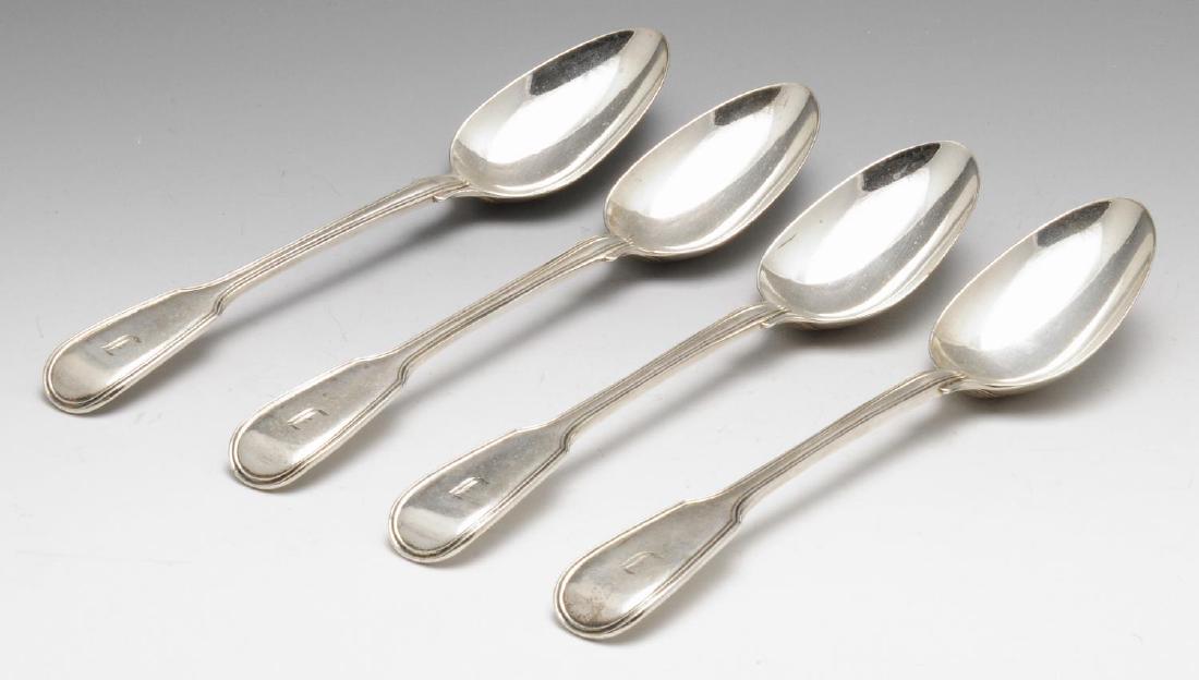 A set of four William IV silver table spoons, each of: A set of four William IV silver table spoons, each of Fiddle Thread pattern with engraved initial to the terminal, hallmarked William Collins, London 1833, length measuring 8 6/8 inches (22.5 cm). Tog