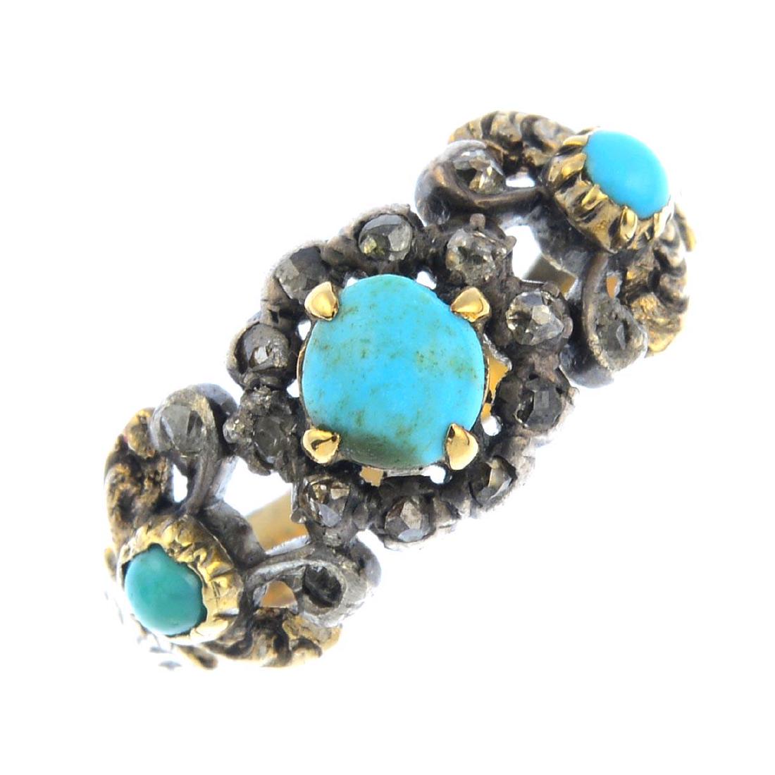 A late Georgian 9ct gold turquoise and diamond ring. Of (1 of 3)