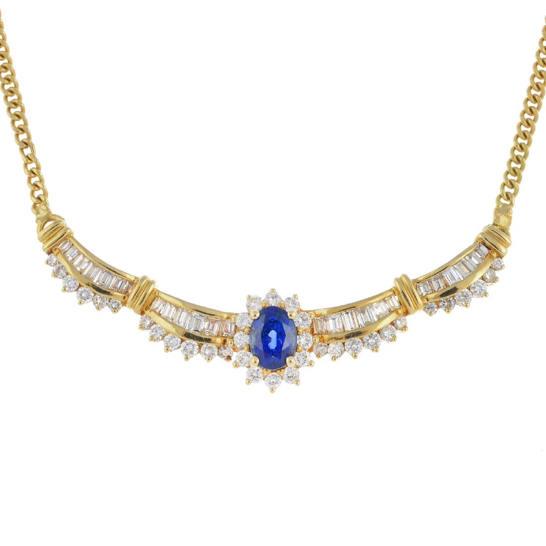 An 18ct gold sapphire and diamond necklace. The (1 of 3)