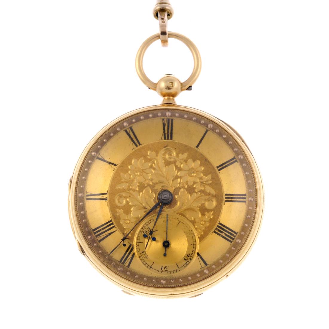 An open face pocket watch by E.H.Bott. 18ct yellow gold: An open face pocket watch by E.H.Bott. 18ct yellow gold case, hallmarked London 1878. Signed key wind full plate fusee and chain movement with ratchet tooth lever escapement. Gilt dial with Roman nume