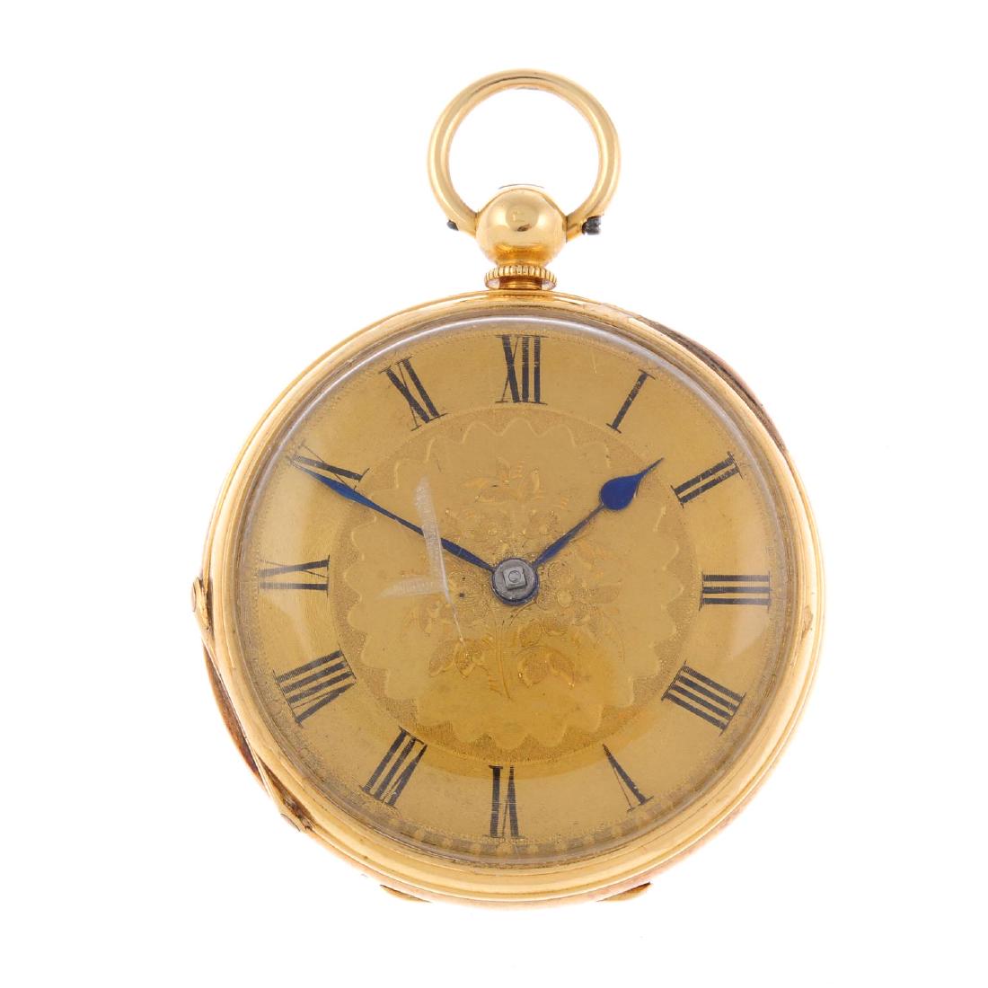 An open face pocket watch by G.Andrews. 18ct yellow: An open face pocket watch by G.Andrews. 18ct yellow gold case, hallmarked London 1873. Signed key wind full plate fusee and chain movement with ratchet tooth lever escapement. Gilt dial with Roman num