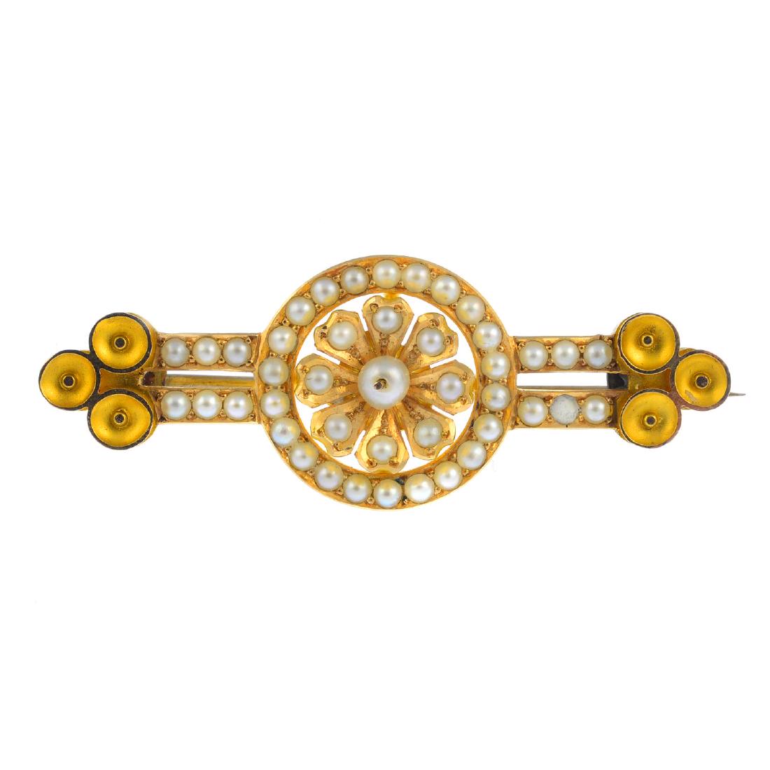 A late Victorian seed and split pearl brooch. Of (1 of 2)