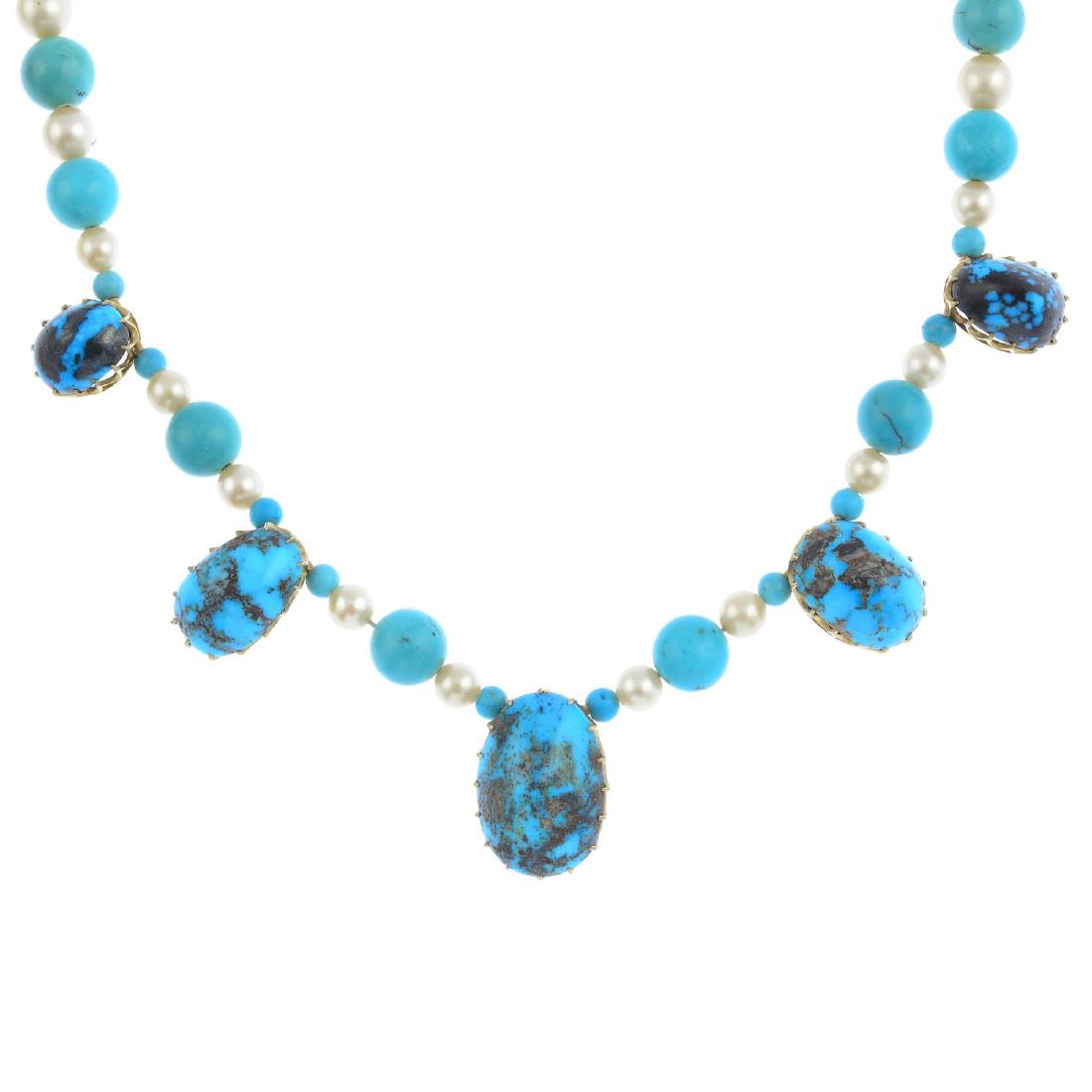 A turquoise and cultured pearl necklace. Comprising a (1 of 2)