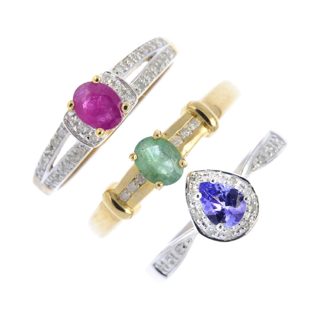 Six 9ct gold diamond and gem-set rings. To include an (1 of 4)